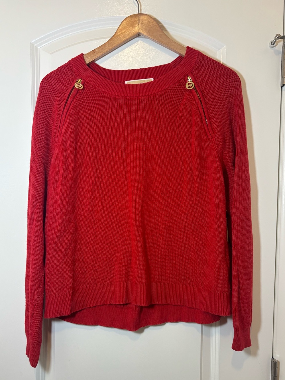 Michael Kors Red V-Neck Ribbed Sweater with Gold Label